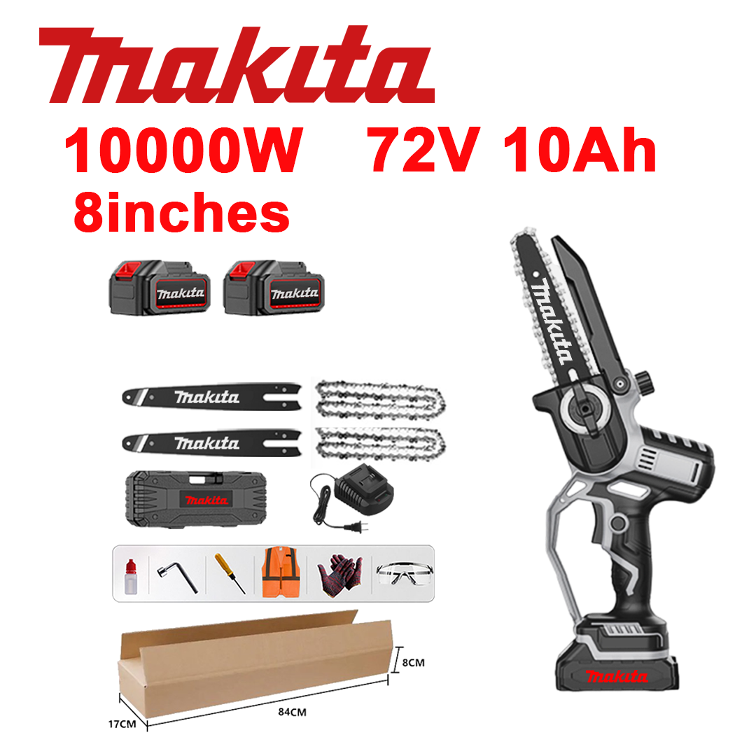 10-inčna litij-ionska pila bez četkica, 10.000 W, 2 x 72 V 10,0 Ah baterije, punjač, 2 vodilice, 2 lanca, kutija za alat, ulje za podmazivanje i zaštitne naočale, petogodišnje jamstvo