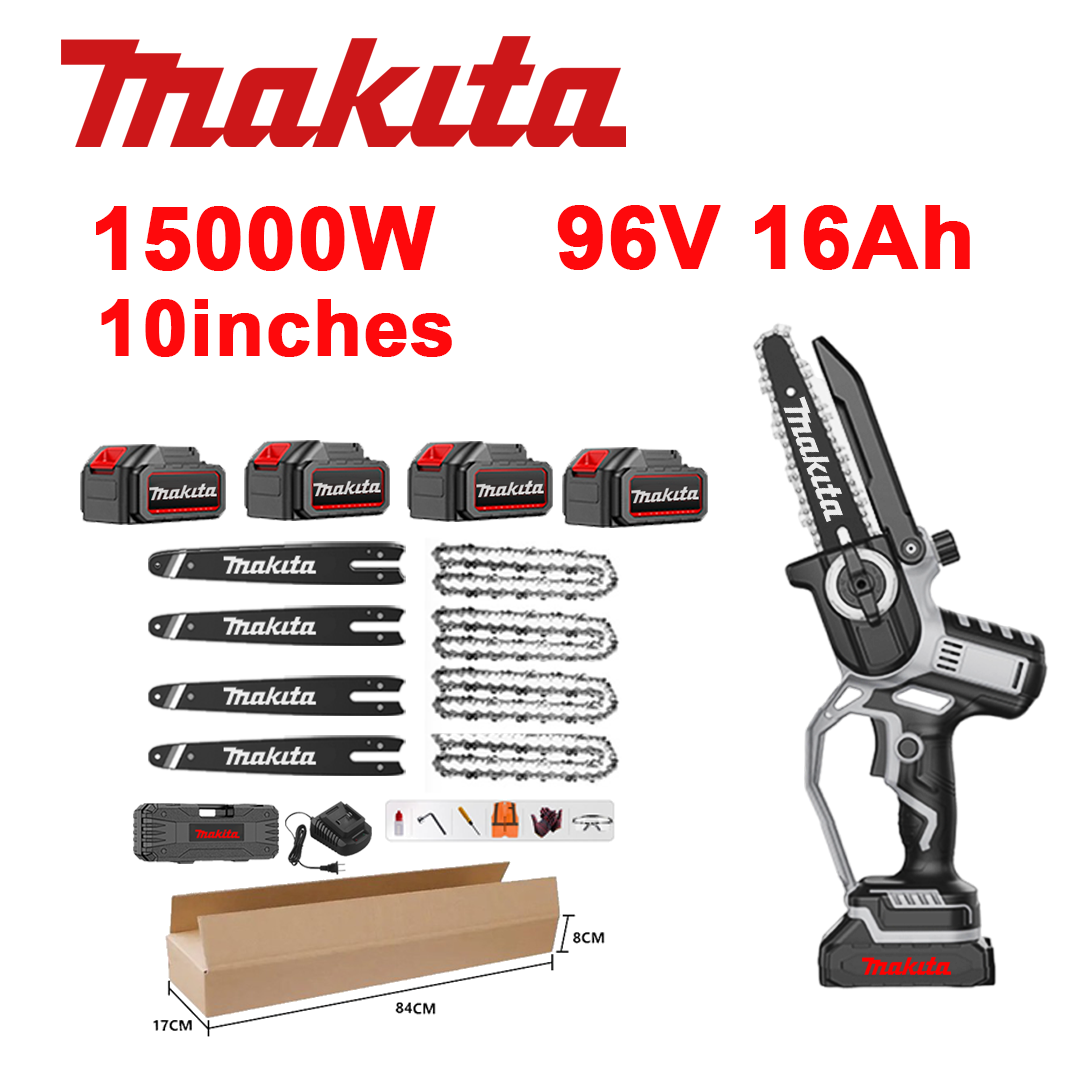 10-inčna litij-ionska pila bez četkica, snaga 15.000 W, baterija 96 V 16,0 Ah*4, punjač, vodilica*4, lanac*4, kutija s alatom, ulje za podmazivanje i zaštitne naočale, petogodišnje jamstvo
