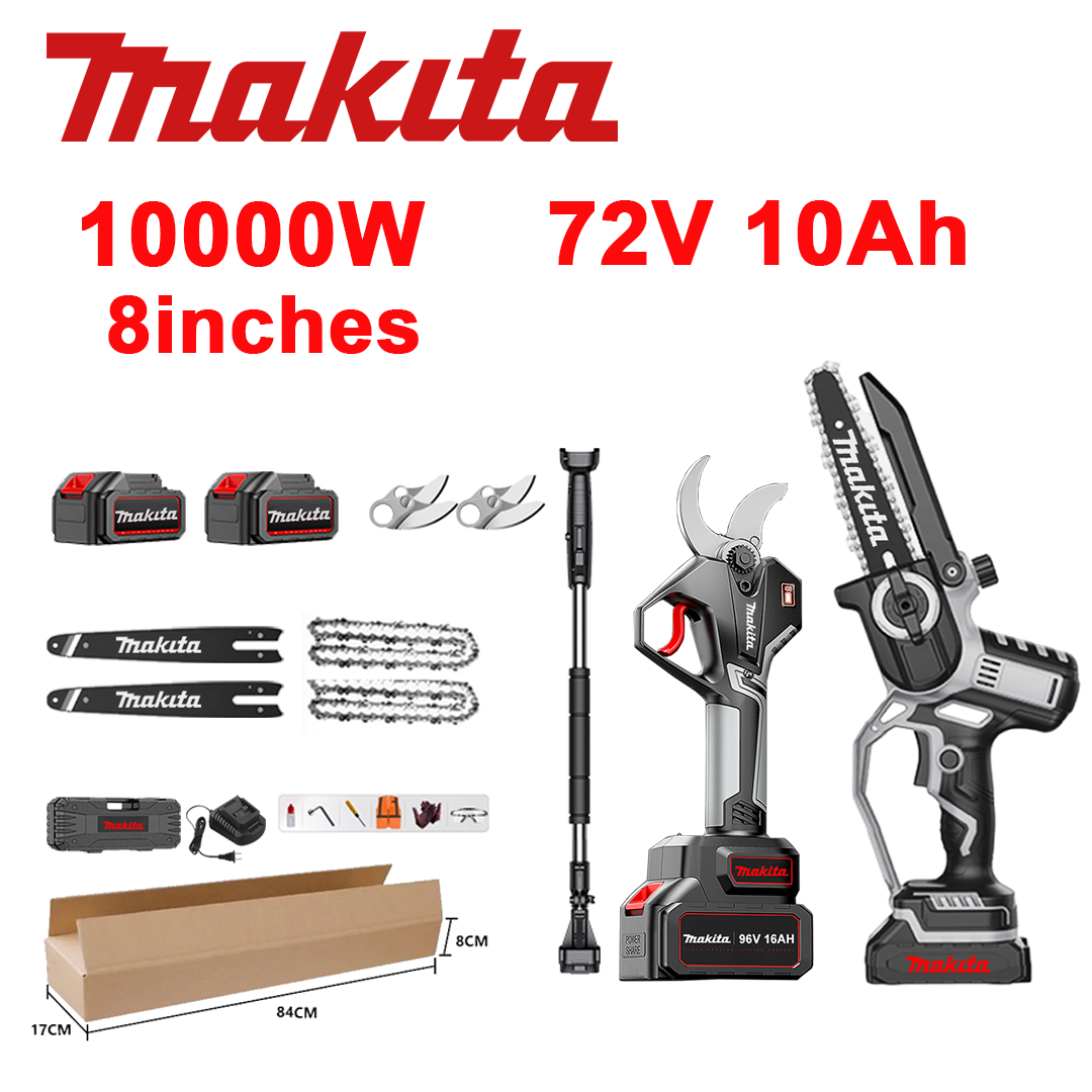 LED indikator napajanja (trajanje baterije: 10 sati). 8-inčna litij-ionska pila od 10 000 W + škare za orezivanje + 72 V 10,0 Ah baterija *2 + punjač + vodilice *2 + lanci *2 + SK9 aluminijske oštrice *2 + teleskopska motka *1 (teleskopska 150 cm - 450 cm) + kutija za alat + 0 sigurnosnih ulja.