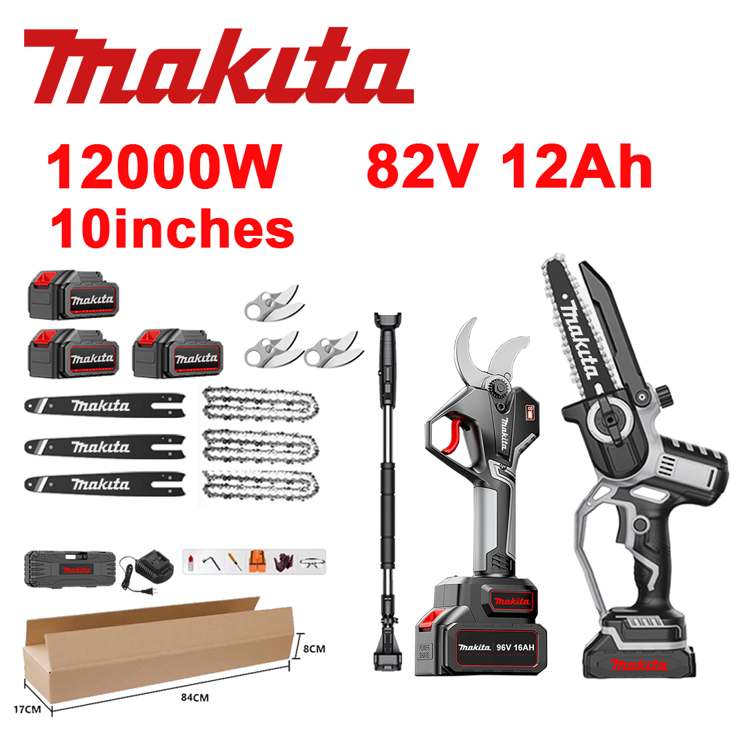 LED indikator napona (trajanje baterije: 18 sati). 10-inčna litij-ionska pila od 12.000 W + škare za orezivanje + 82 V 12,0 Ah baterija*3 + punjač + vodilice*3 + lanci*3 + SK9 aluminijske oštrice*3 + teleskopska motka*1 (teleskopska od 150 cm do 450 cm) + alat za zaštitu od ulja+1