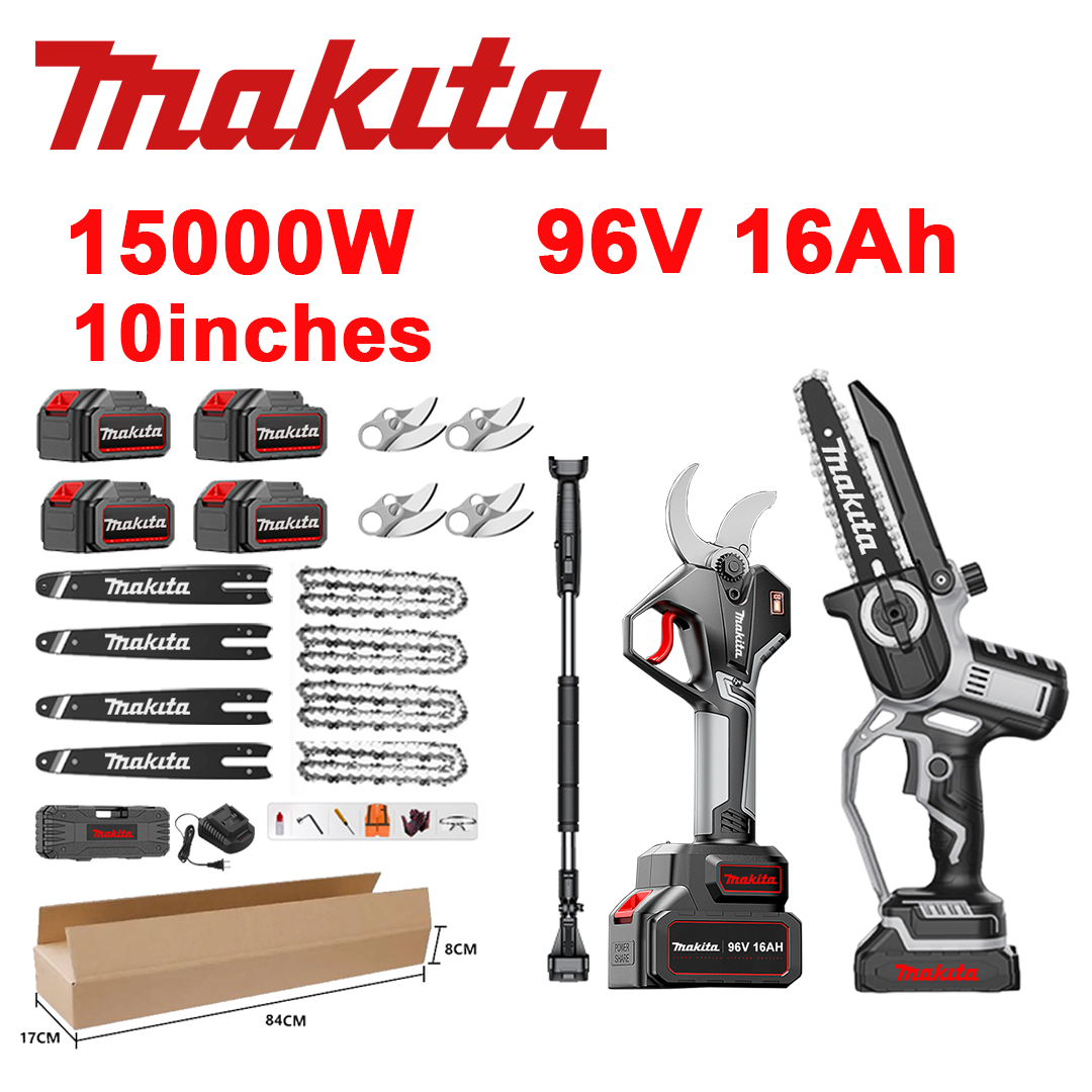 LED indikator napona (trajanje baterije: 36 sati). 10-inčna litij-ionska pila od 15.000 W + škare za orezivanje + 96 V 16,0 Ah baterija*4 + punjač + vodilice*4 + lanci*4 + SK9 aluminijske oštrice*4 + teleskopska šipka*1 (produžna od 150 cm do 450 cm) + 1 sigurnosni alat.